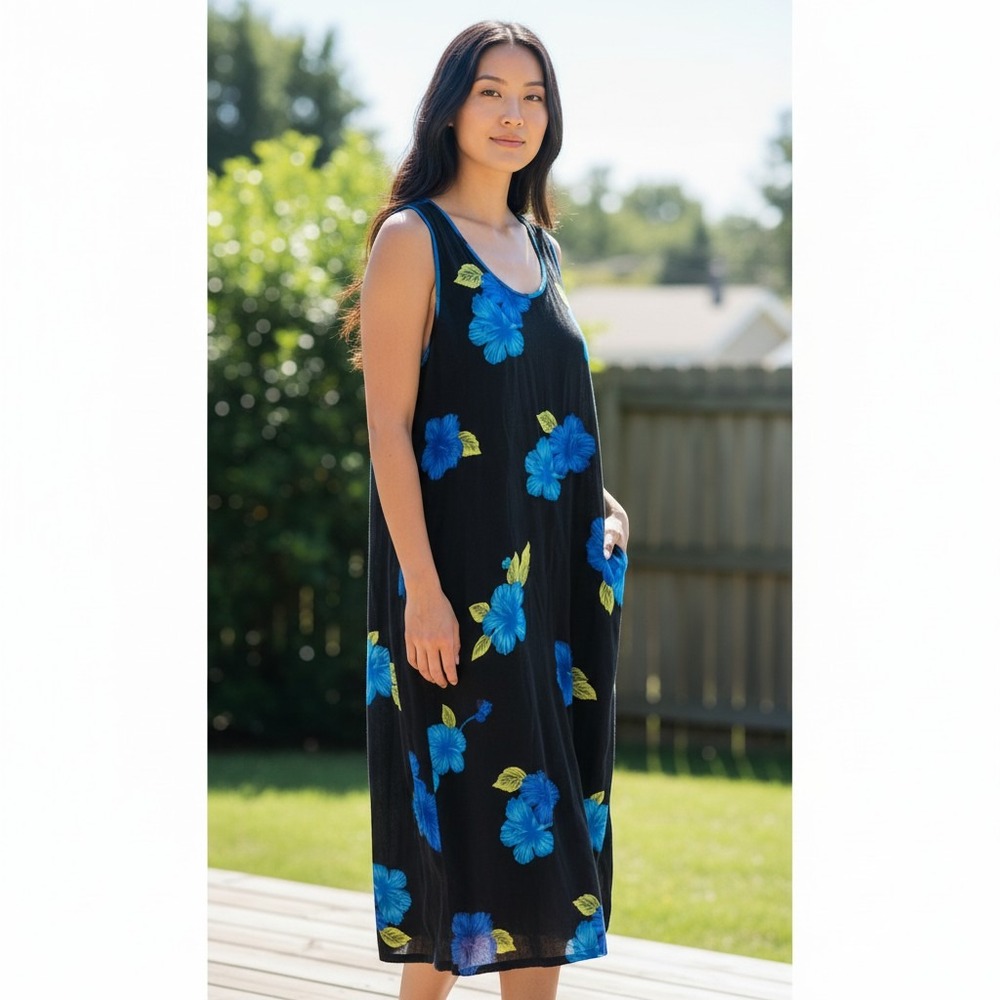 Paradise Bay Plus Maxi Dress 1X Black Blue Floral Hibiscus Hawaiian Tropical EX